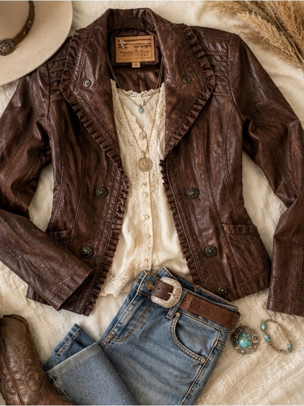 🤎 Genuine Leather Western Romance Jacket | Ruffle Trim Ranch Chic